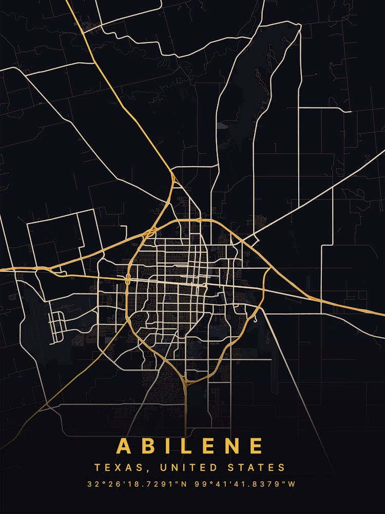 Abilene Texas United States Black And Gold Map