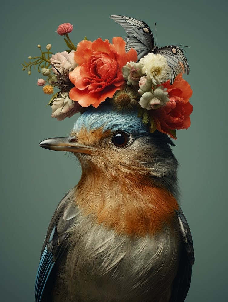 Bird With A Flower Crown European Robin 1