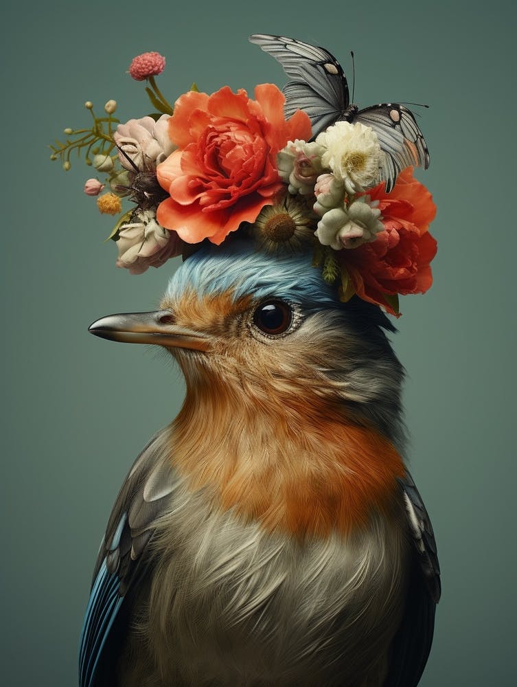 Bird With A Flower Crown European Robin 1