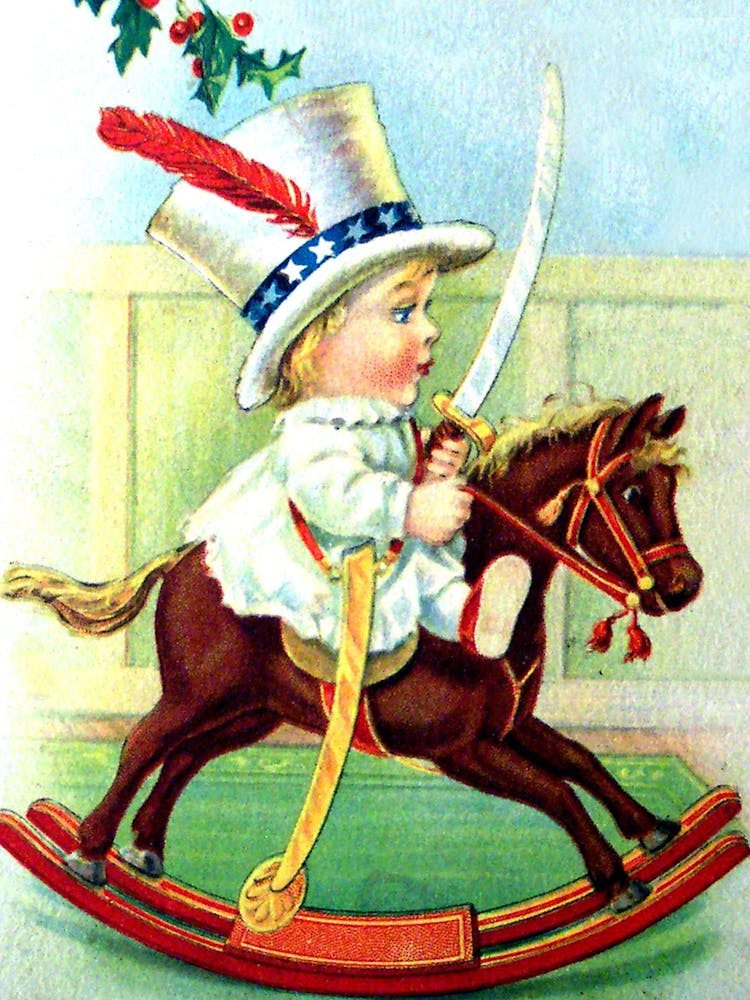 Little Boy Riding A Wooden Horse, Patriotic Holiday Greeting