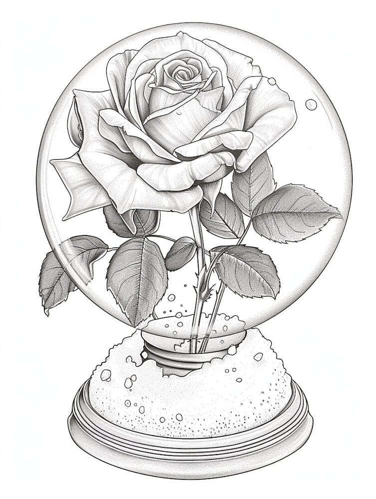 Rose In A Snow Globe Line Drawing 2