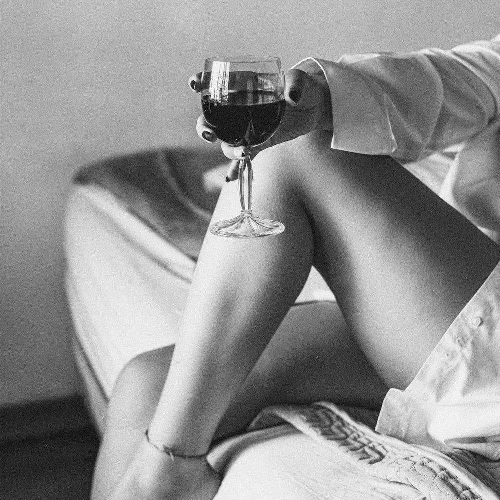 Drinking Wine in Bed - Vintage Film Photography - Black White Photo Wall SQUARE