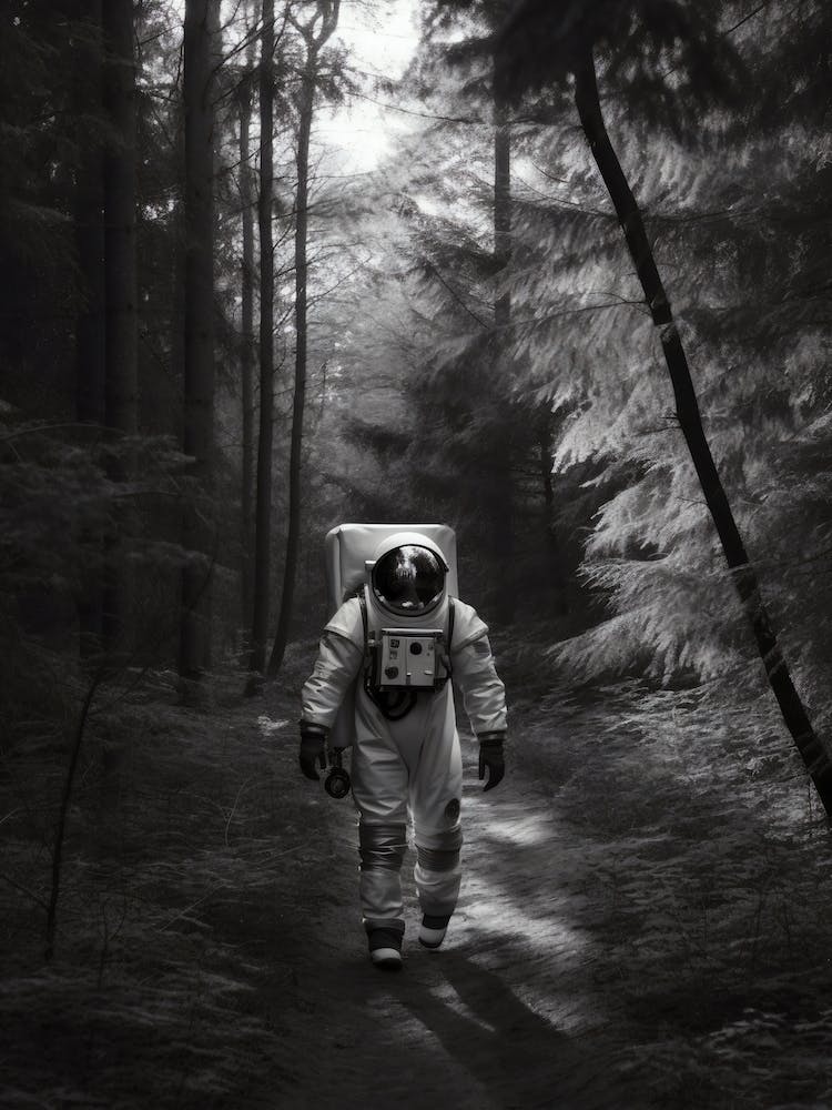 Astronaut Walking In The Woods Black And White Photo
