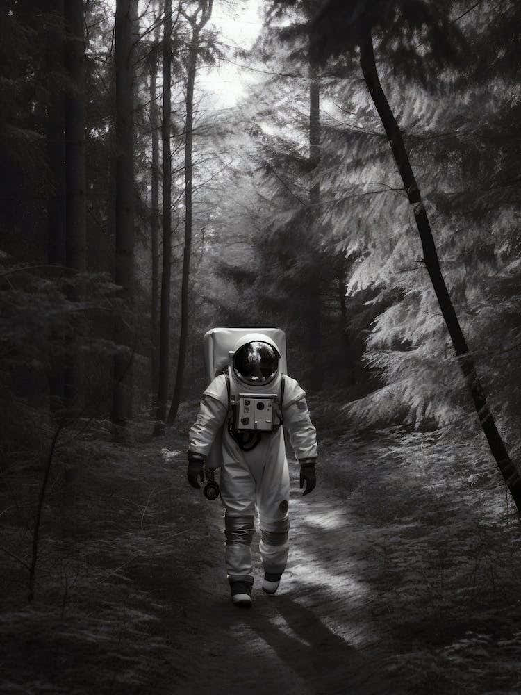 Astronaut Walking In The Woods Black And White Photo