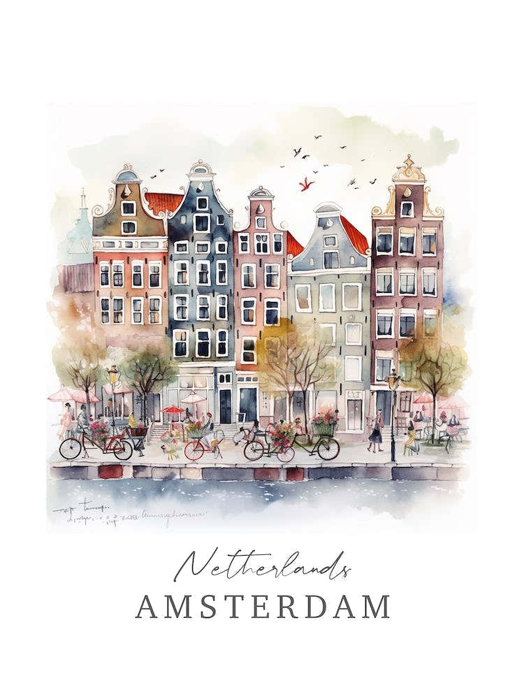 Netherlands, Amsterdam Storybook 2 Travel Poster Watercolour