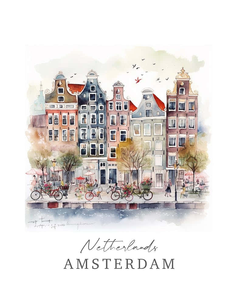 Netherlands, Amsterdam Storybook 2 Travel Poster Watercolour