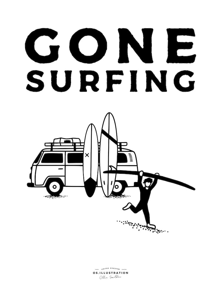 Gone Surfing Fineline Illustration Poster