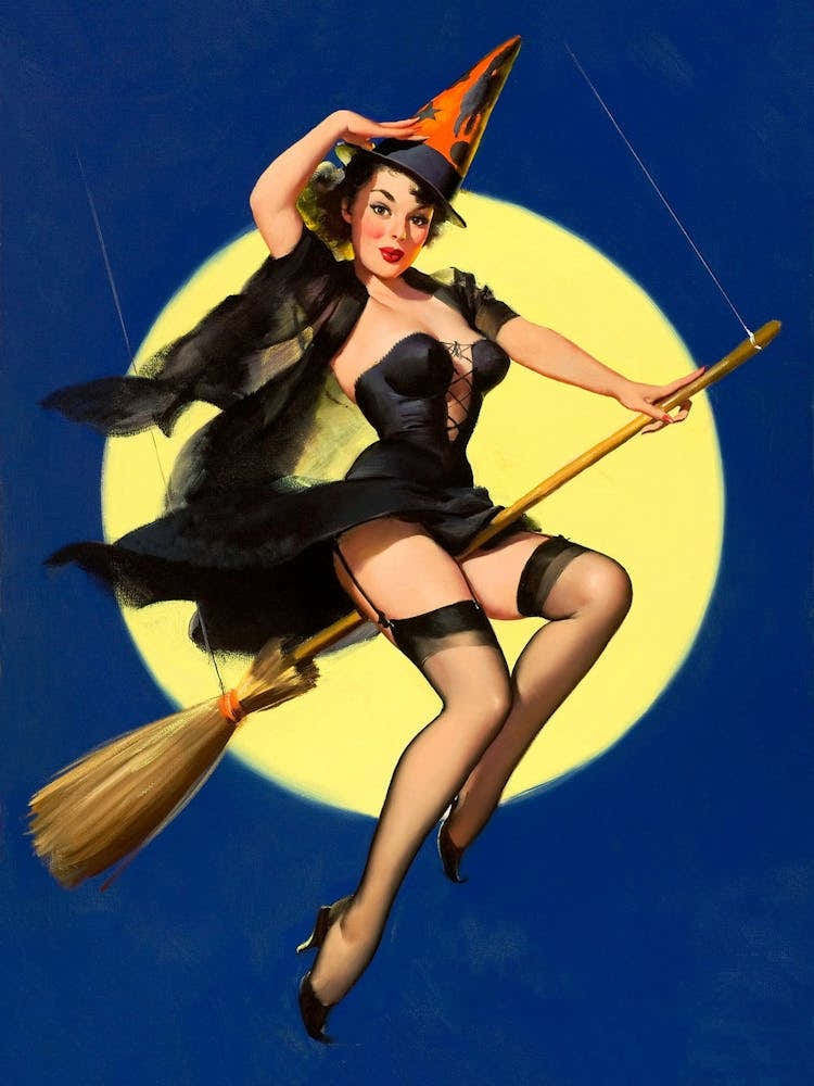 Witch Riding A Broomstick Pin Up Girl, Halloween, Full Moon, Retro Vintage Art