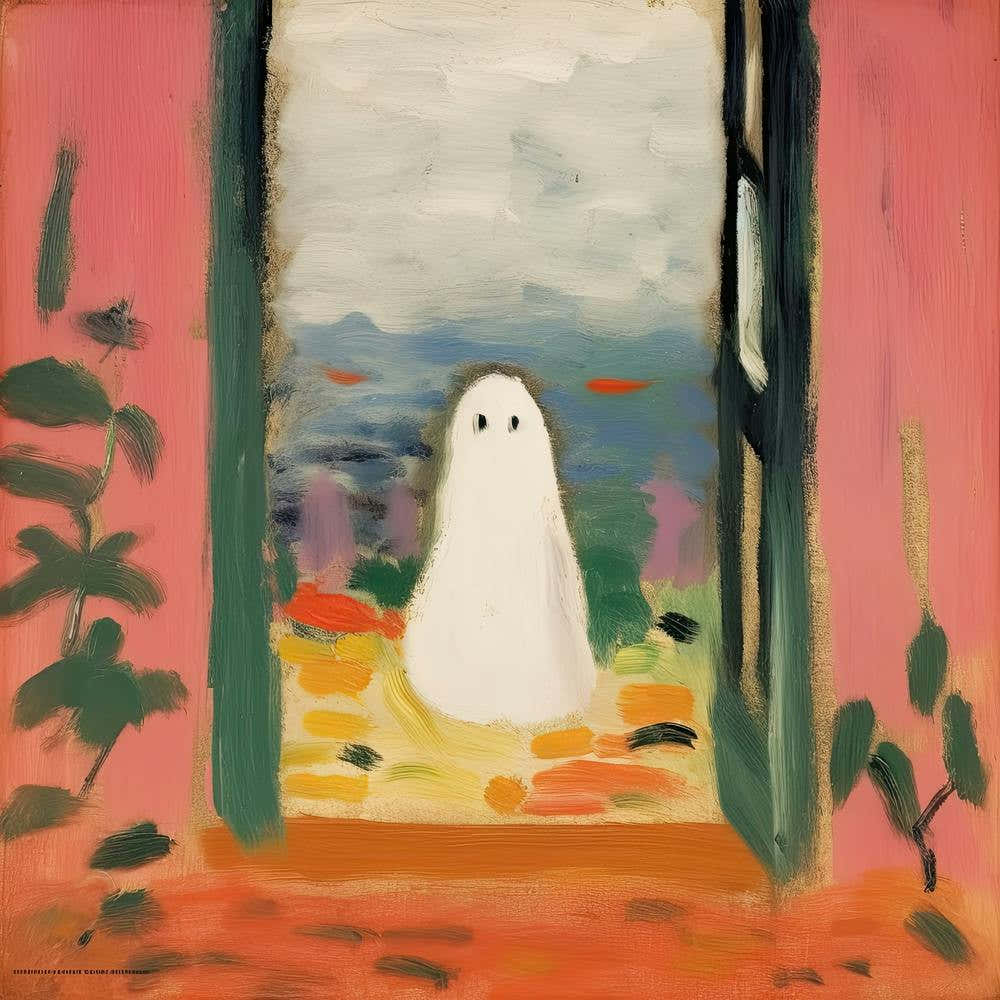 Open Window With A Ghost, Matisse Style, Spooky Halloween Square 2