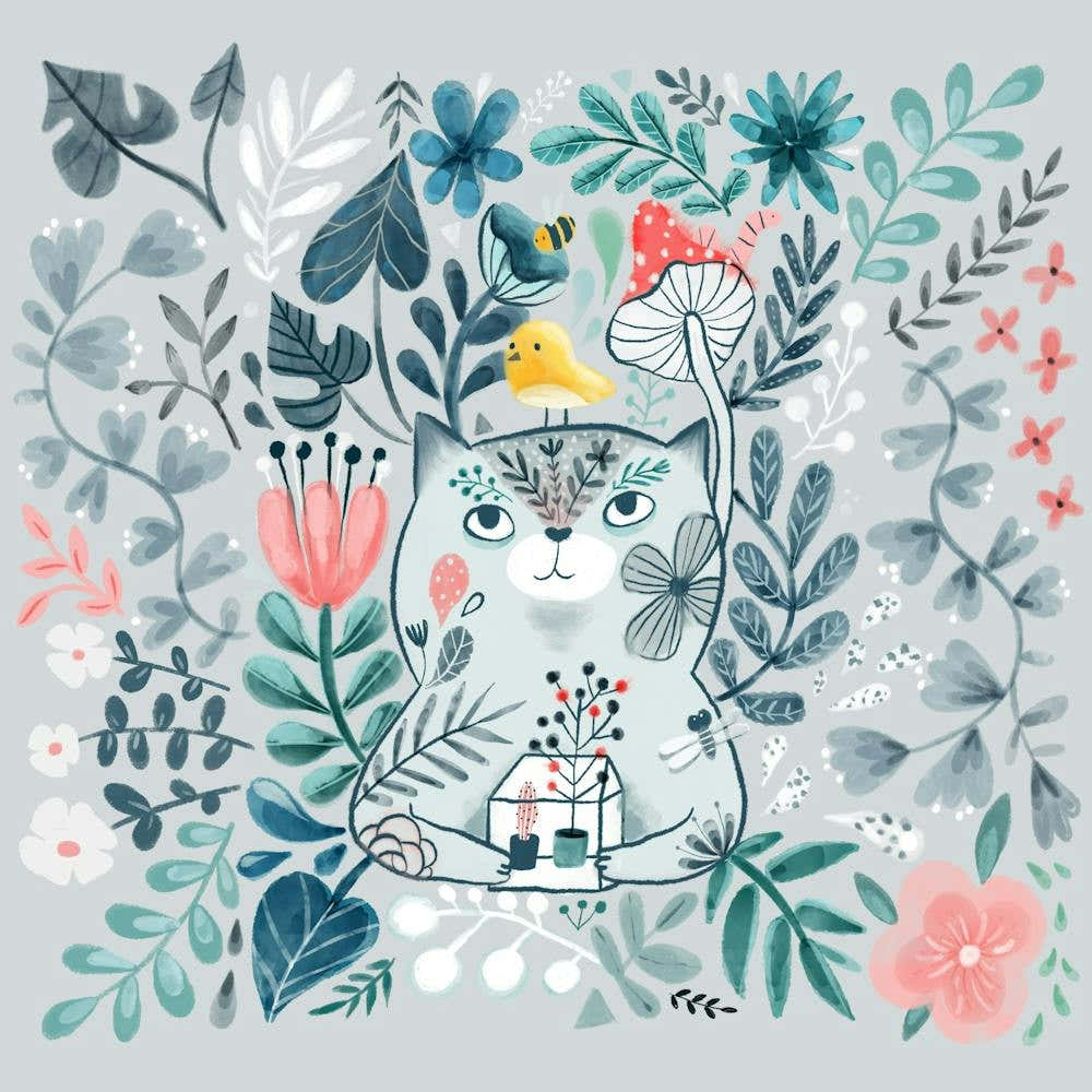 Summer floral kitty cat and a bird among the plants