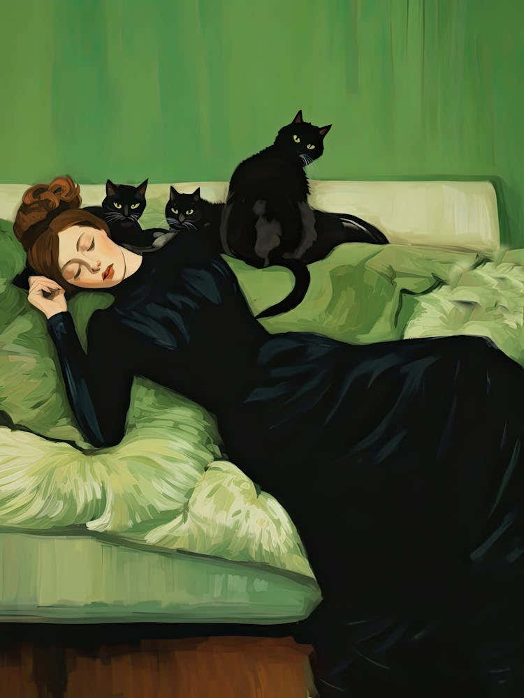 Decadent Young Woman After The Dance With Black Cats