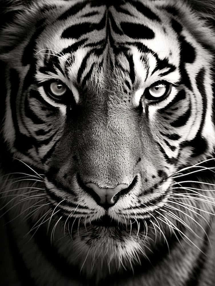 Black And White Photograph Of A Tiger's Face