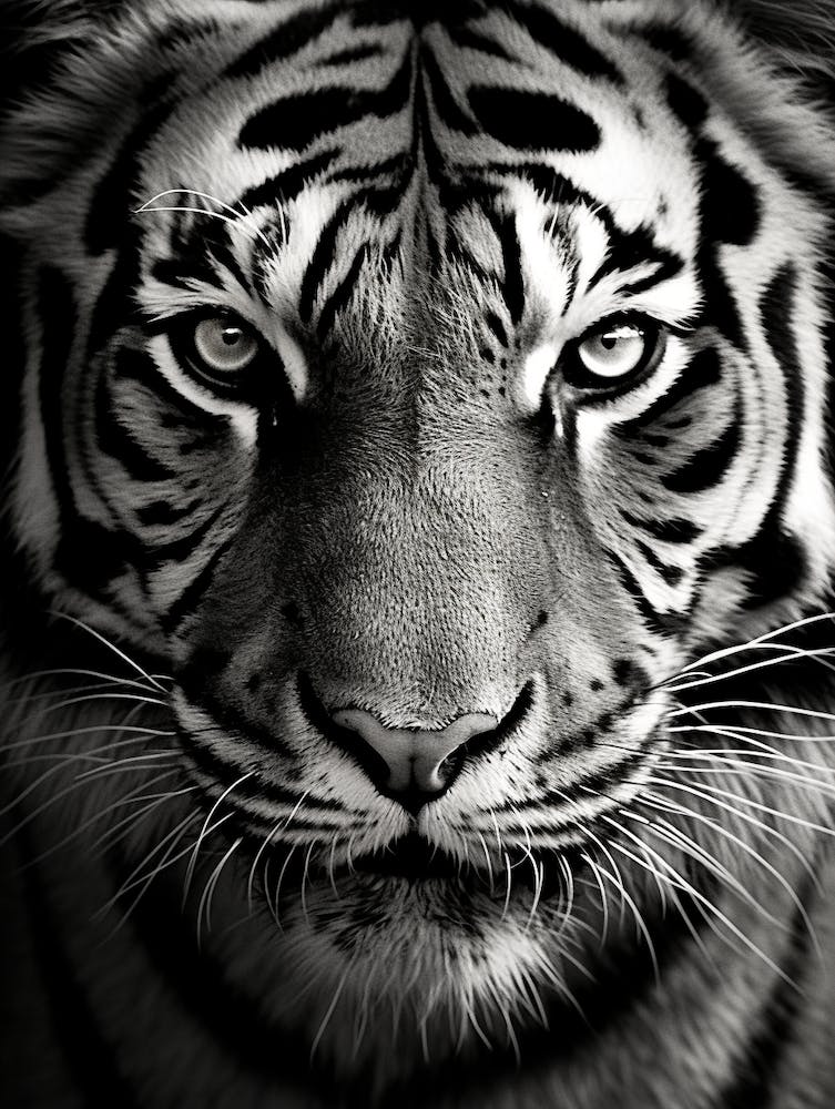 Black And White Photograph Of A Tiger's Face