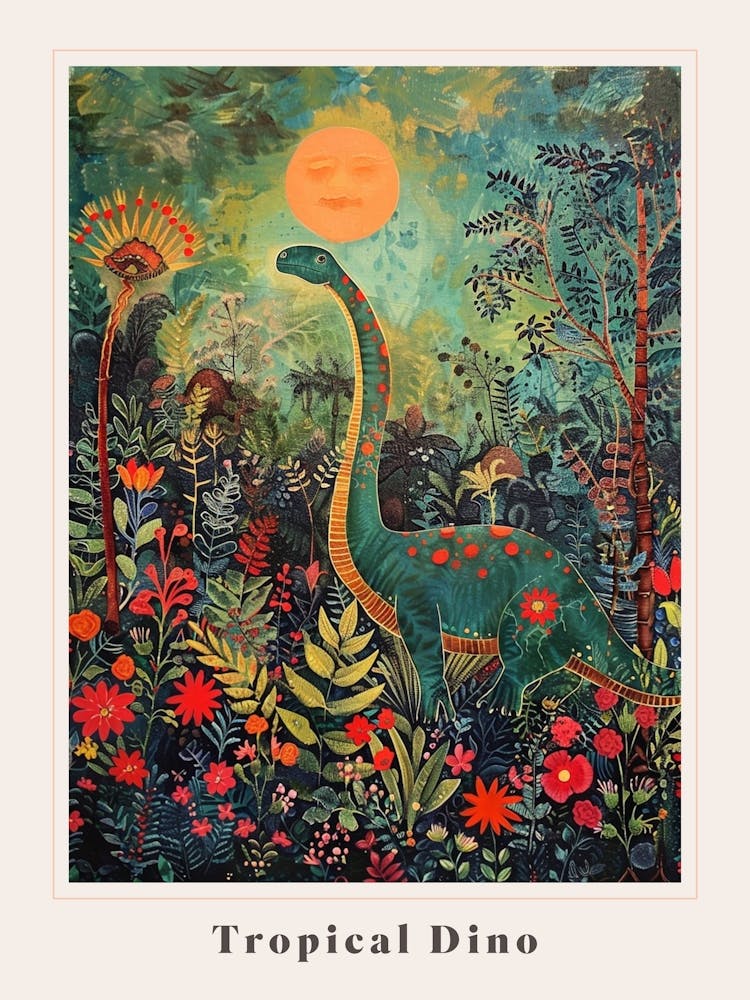 Dinosaur In Tropical Flowers Painting 3 Poster