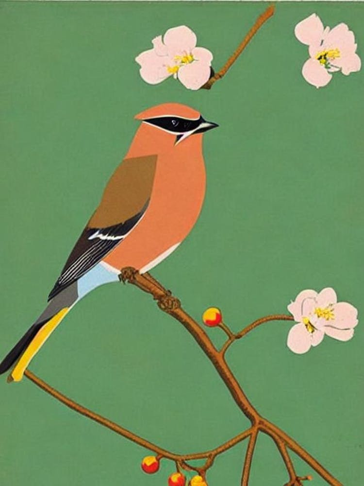 Cedar Waxwing 2 Midcentury Illustration Bird