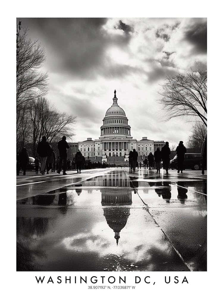 Poster Of Washington Dc, Usa, Black And White Analogue Photograph 1