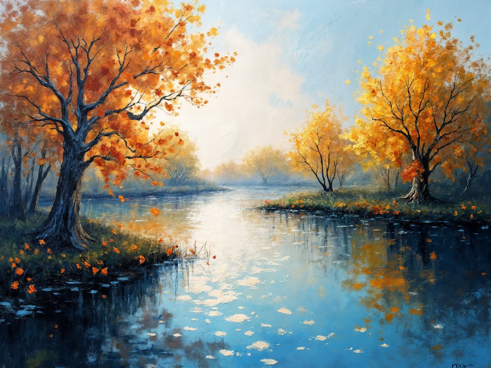 Autumn Trees By The River - Impressionism Painting