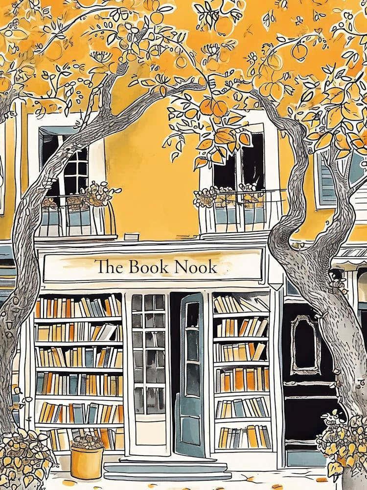 The Book Nook Yellow And Black Illustration Book Lovers