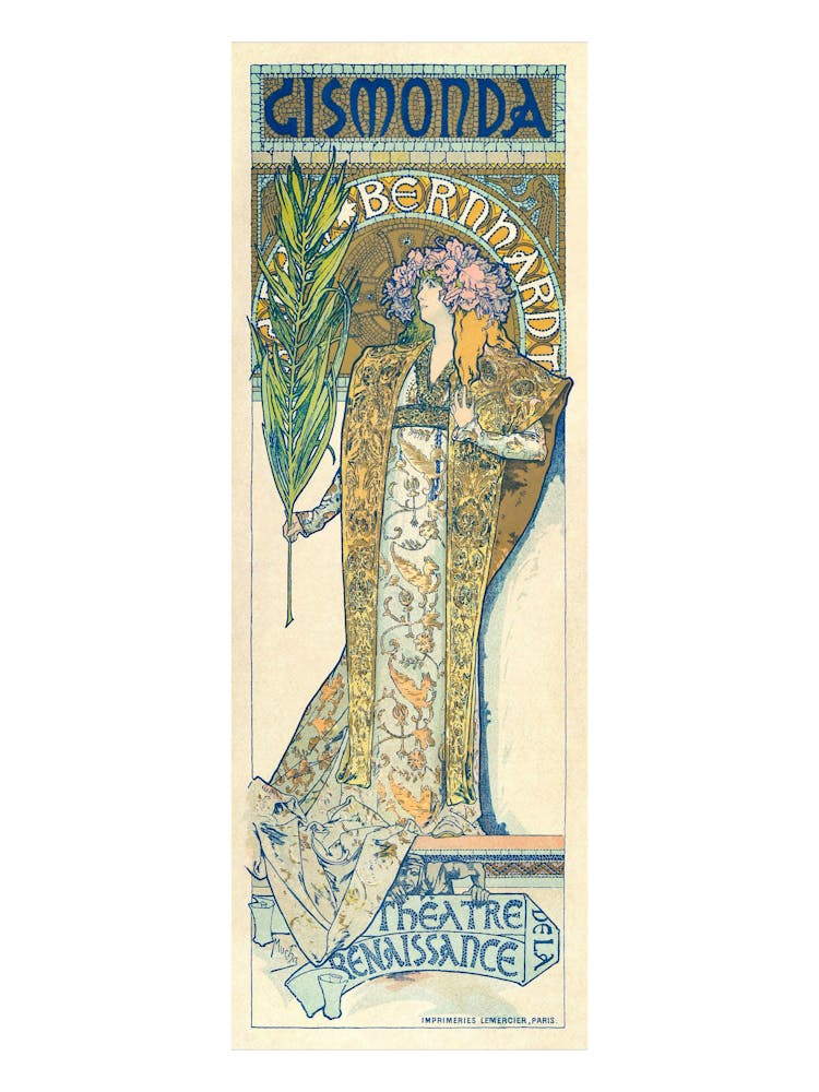 "Gismonda" Art Nouveau Poster 1894 by Alphonse Mucha ~ Original vintage edition of promotional poster for the play Gismonda, which starred Sarah Bernhardt. Mucha's design is iconic, featuring Sarah Bernhardt in the role of Gismonda, with a highly decorati