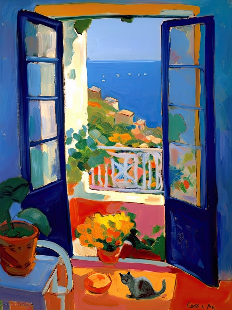 Open Window With Cat Matisse Style Amalfi Coast 3