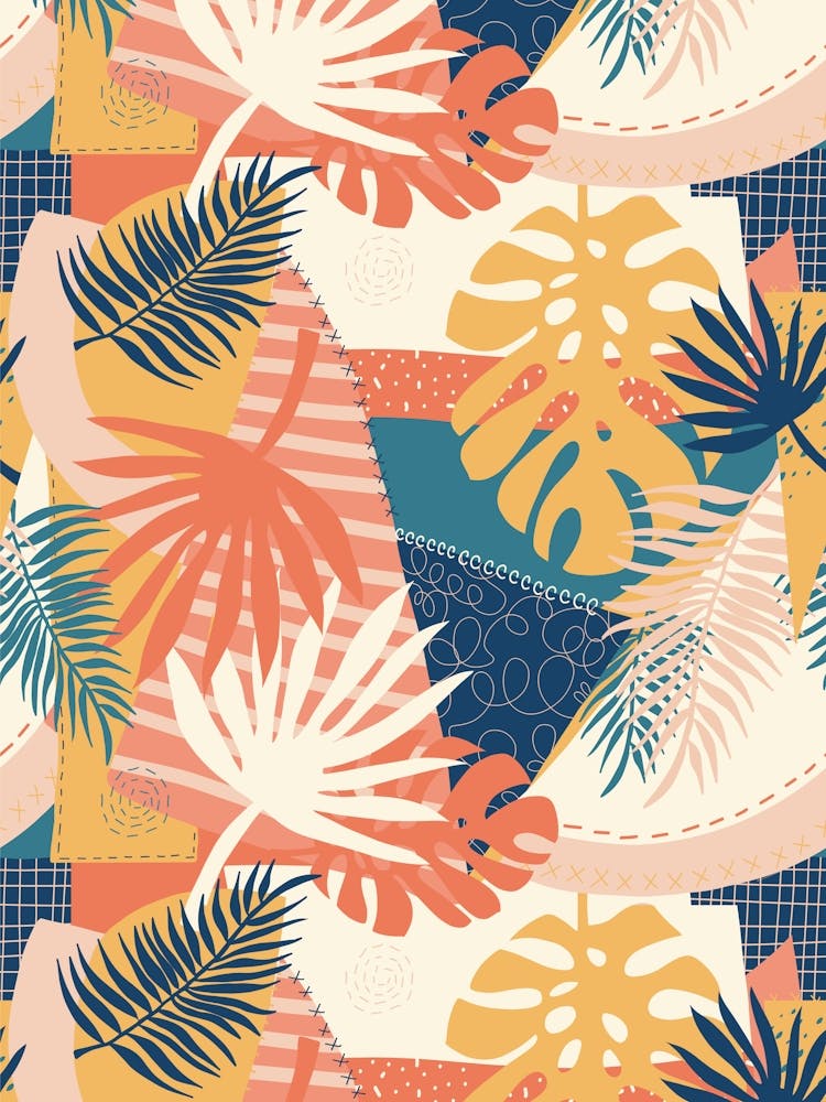 Tropical Summer Plants Abstract Patchwork Collage - Retro Multicolor