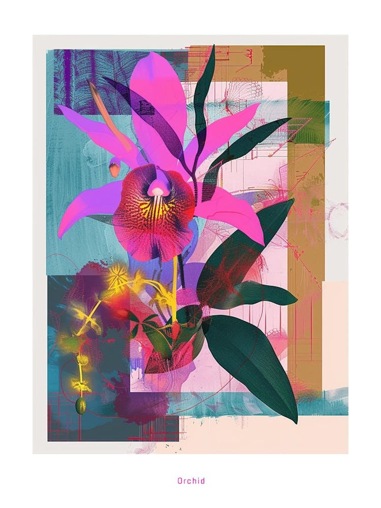 Orchid 4 Neon Flower Collage Poster