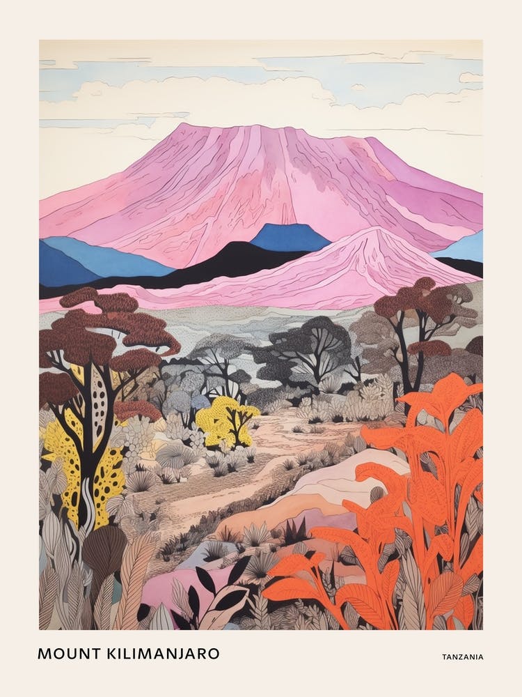 Mount Kilimanjaro Tanzania 3 Colourful Mountain Illustration Poster