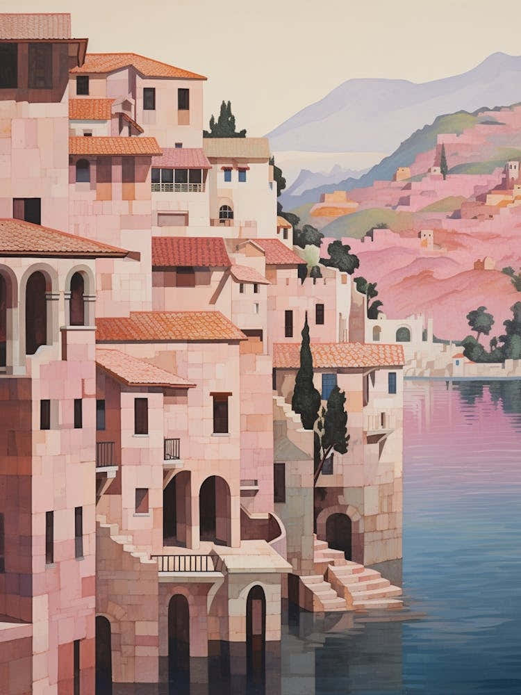 Kotor Montenegro 1 Vintage Pink Travel Illustration