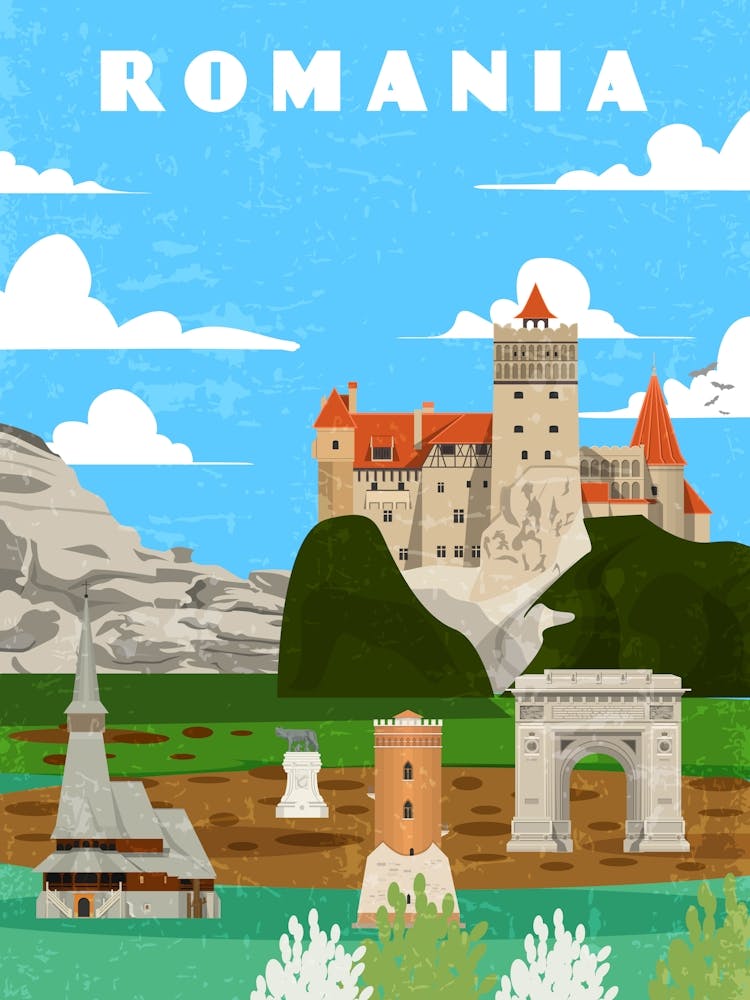 Romania — Retro travel minimalist art poster 1