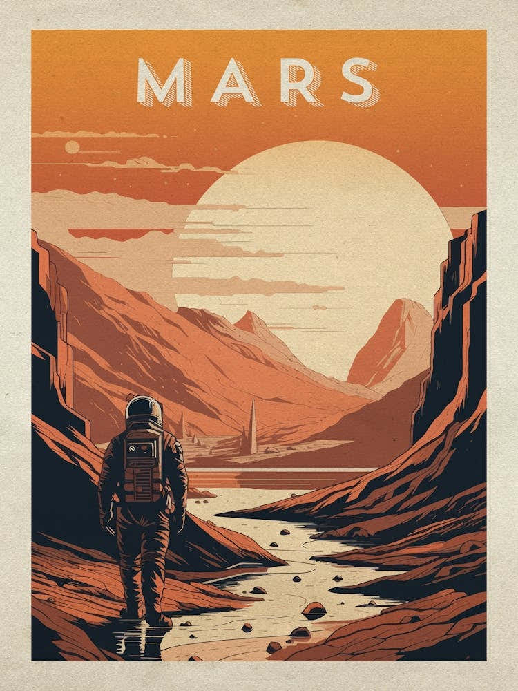 Mars, colony, astronaut — Vintage space poster, retro space art, retrofuturism, retro sci-fi 1