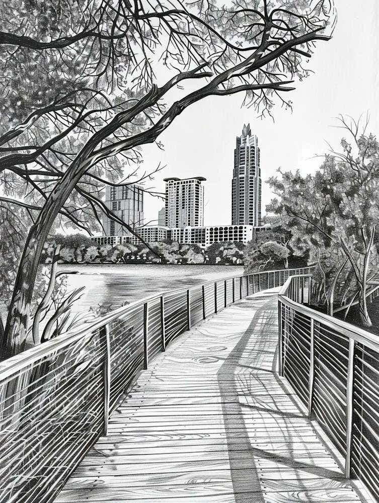 Lady Bird Lake And The Boardwalk Austin Texas Black And White Drawing 3