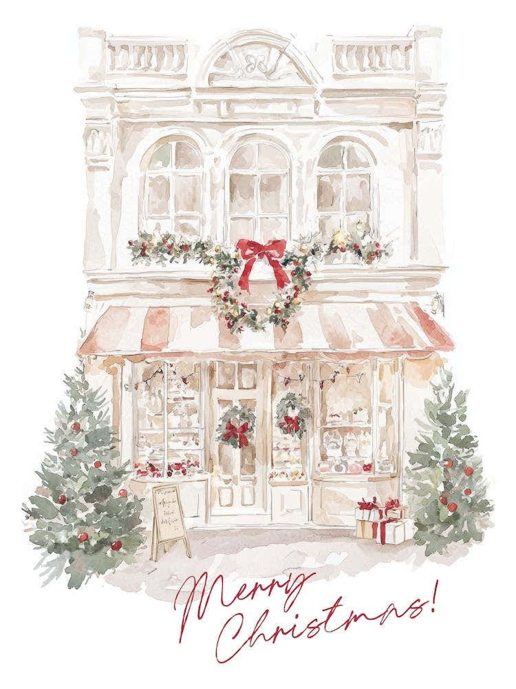 Merry Christmas. Watercolor Shop Window with Quote