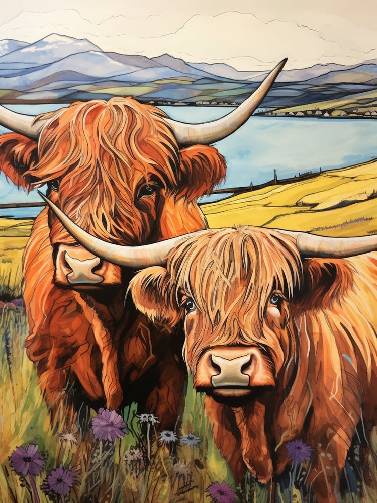 Linework Highland Cow Chestnut Illustration
