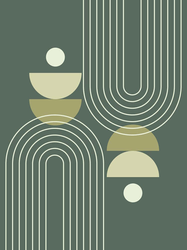 Mid Century Modern Geometric, Sun, Moon Phases, Rainbow Abstract in Forest Sage Green 1