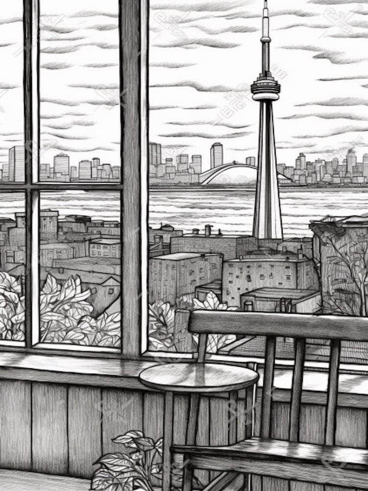 Window View Of Toronto Canada   Black And White Colouring Pages Line Art 3