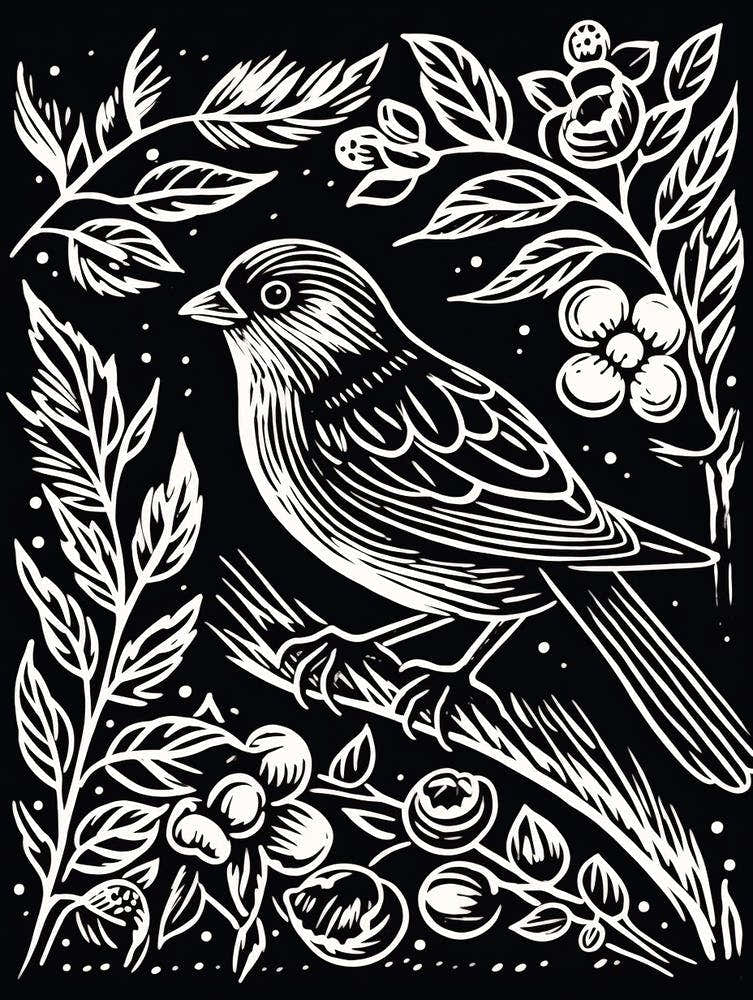 B&W Bird Linocut Finch 2