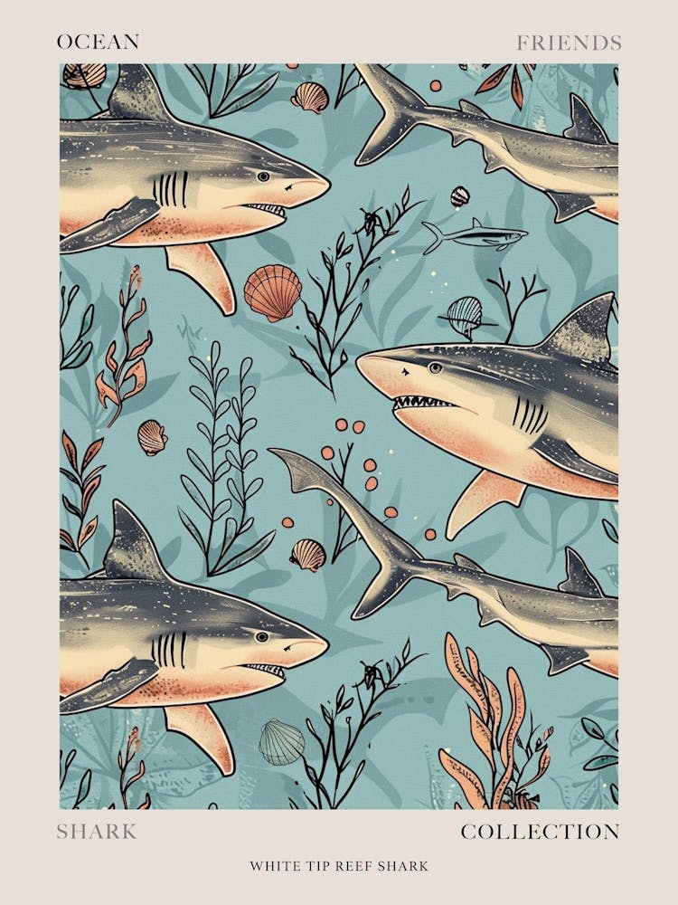 Pastel Blue White Tip Reef Shark Watercolour Seascape Pattern 3 Poster