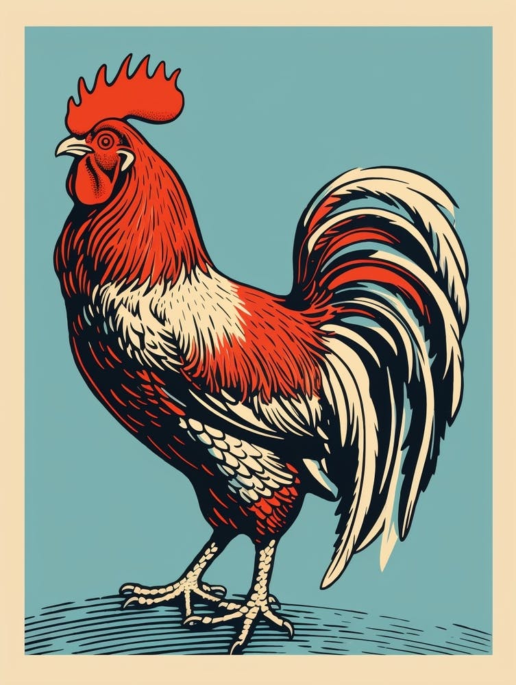 Vintage Bird Linocut Rooster 4