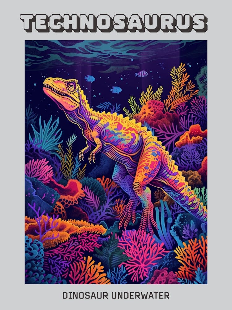 Neon Underwater Dinosaur With Coral Poster