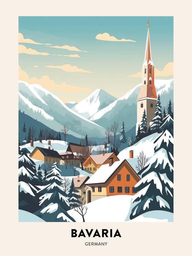 Vintage Winter Travel Poster Bavaria Germany 1