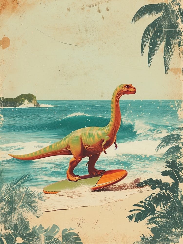 Vintage Diplodocus Dinosaur On A Surf Board 3