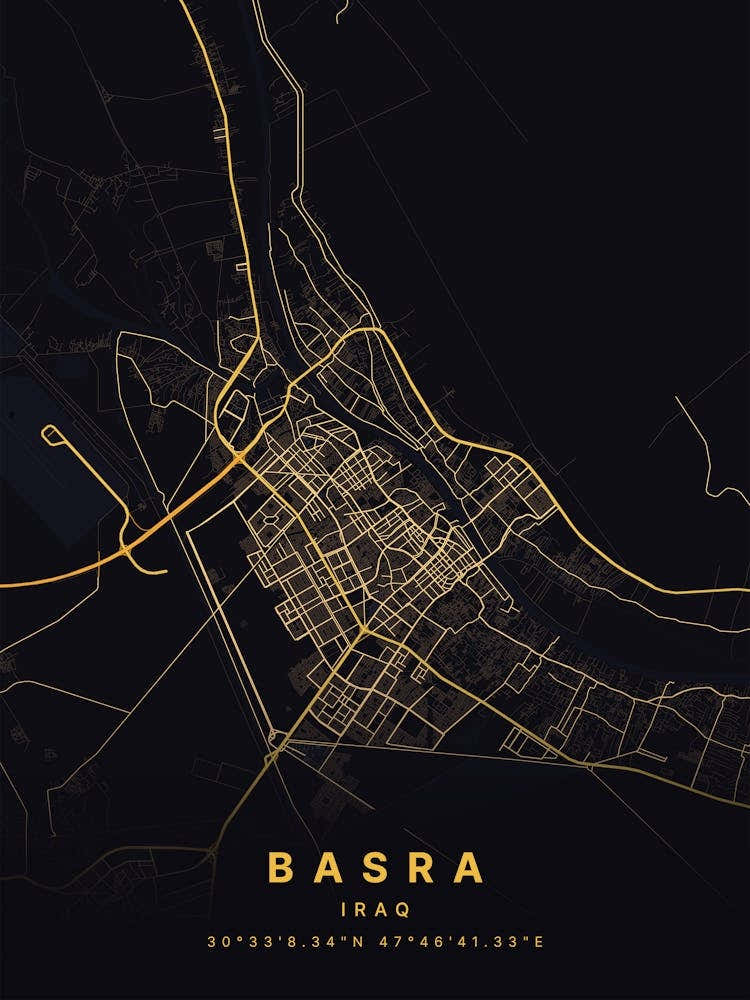 Basra Iraq Black And Gold Map 1