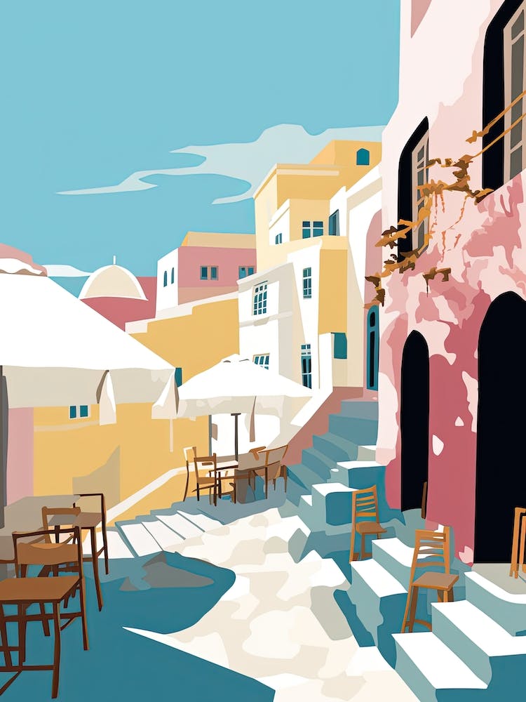 Oia, Greece, Flat Pastels Tones Illustration 1