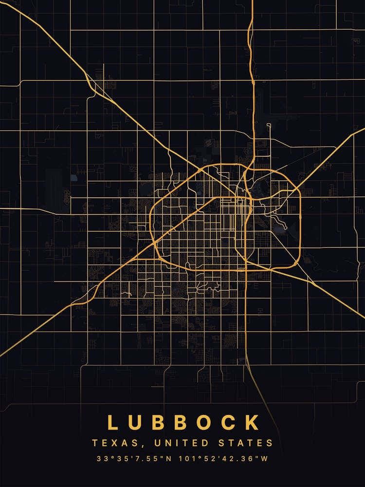 Lubbock Texas USA Black And Gold Map