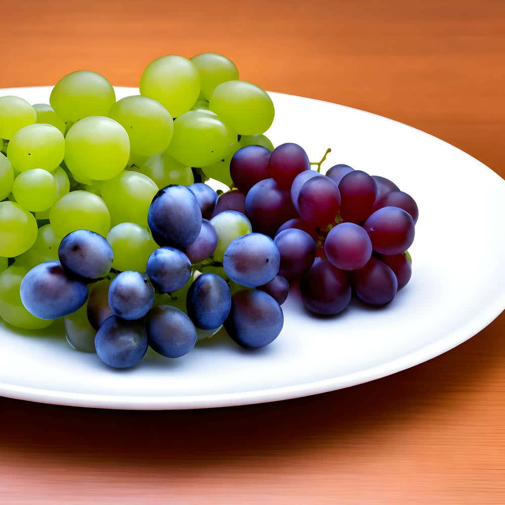 Various Fruits And Green Grapes On A Plate A Calm Background And Water Drops Falling On It (1)