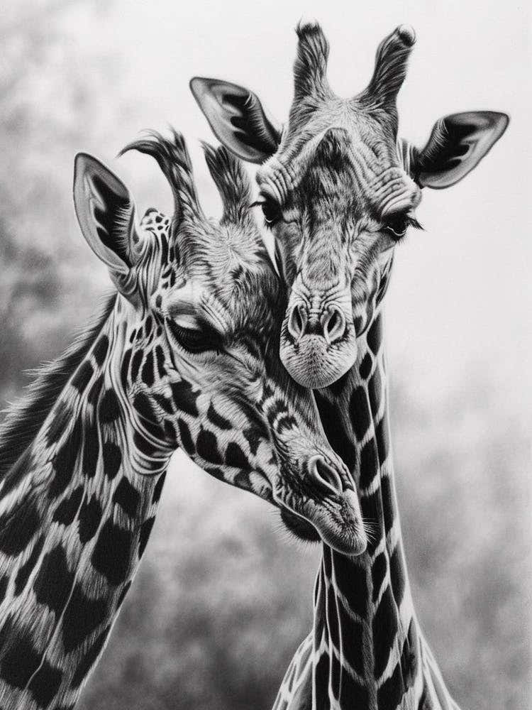 Two Giraffe Together Pencil Drawing 1