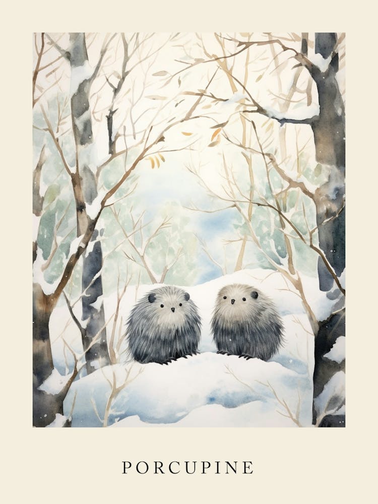 Winter Watercolour Porcupine 2 Poster