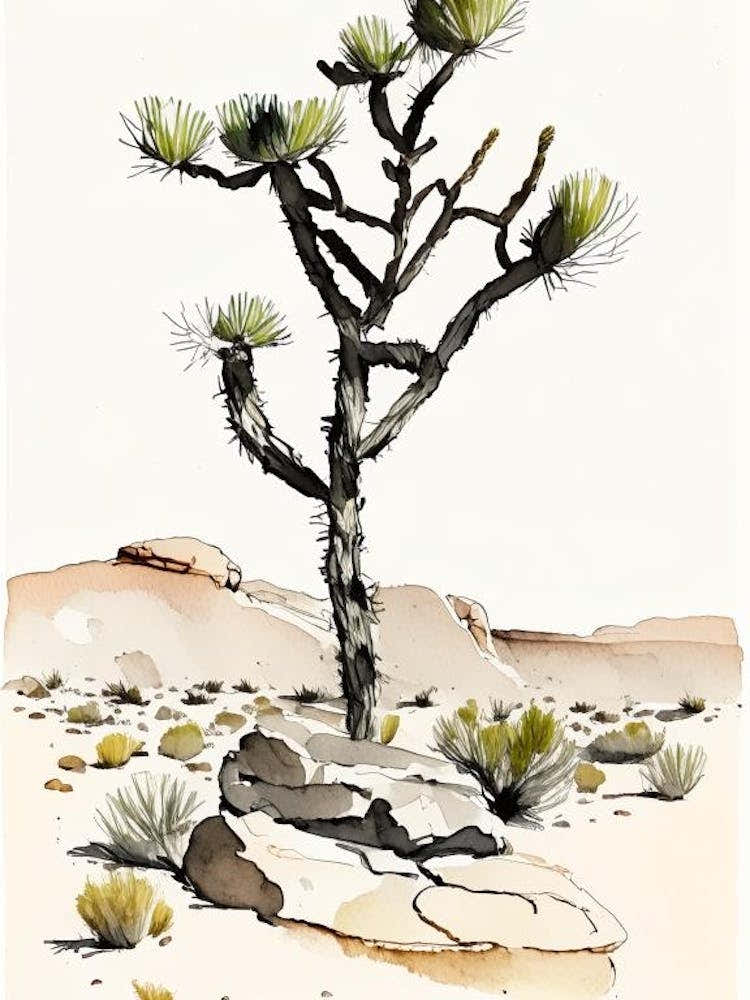 Joshua Tree In Rocky Landscape Minimilist Watercolour  (2)
