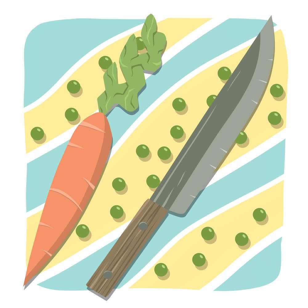 Carrot Knife And Peas, cooking, food, kitchen, illustration, wall art
