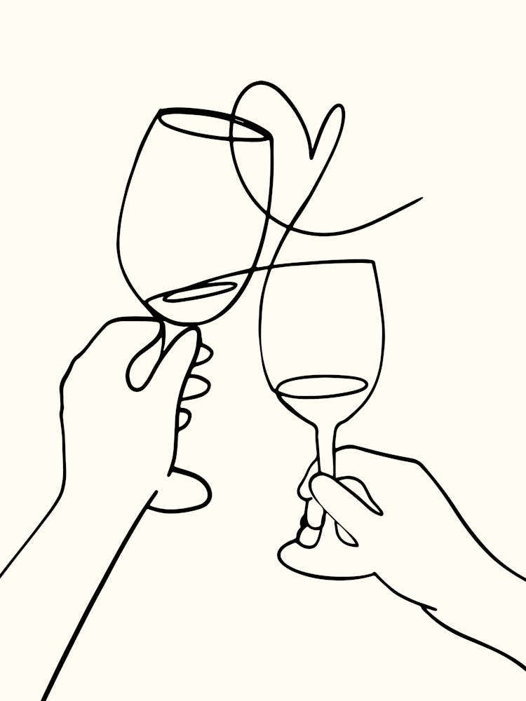 Two Hands Holding Wine Glasses Monoline Hand Drawing Aesthetic Illustration